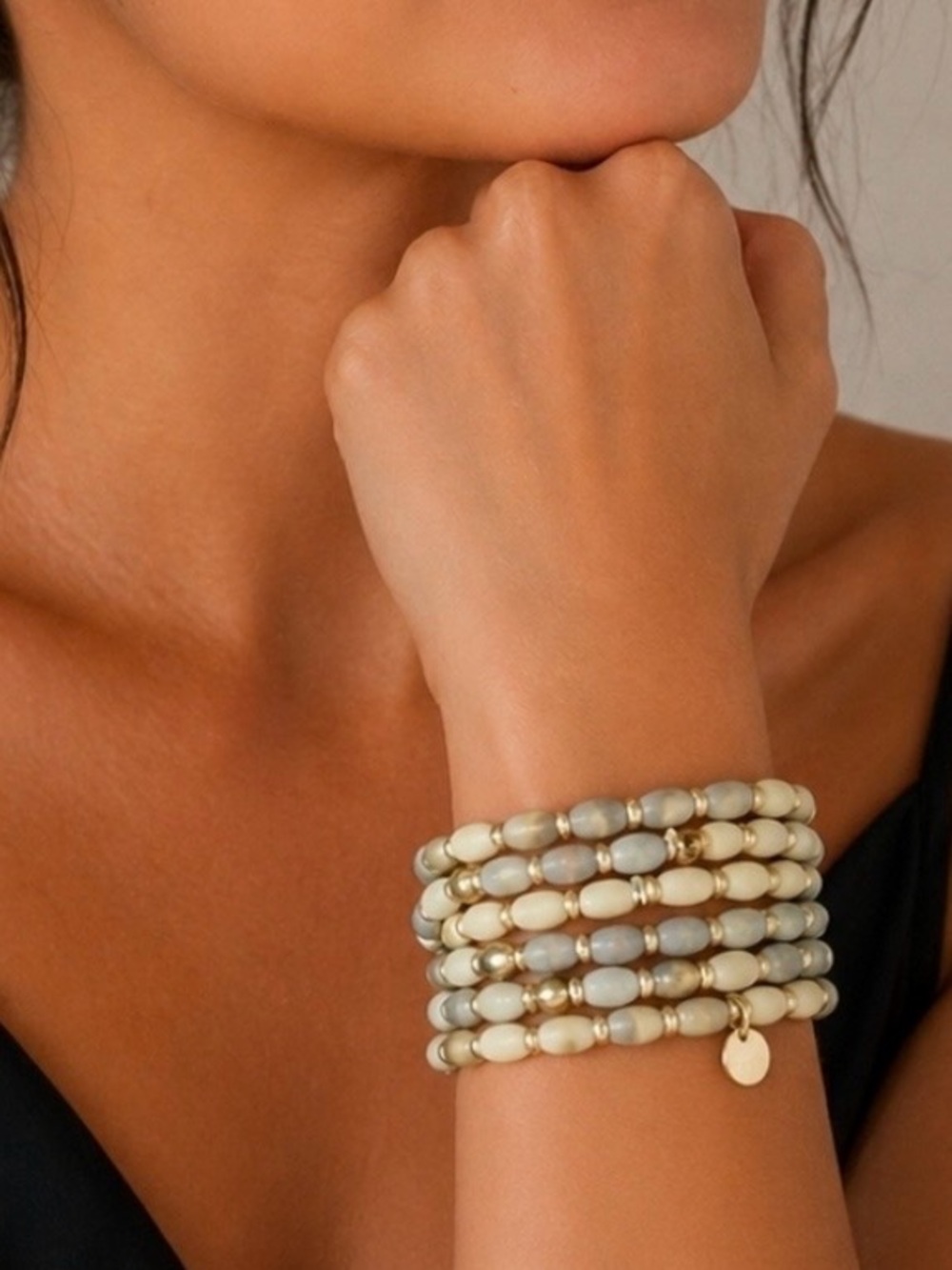 Plunder Stackable Beige and Gold Beaded Women's Bracelet Set